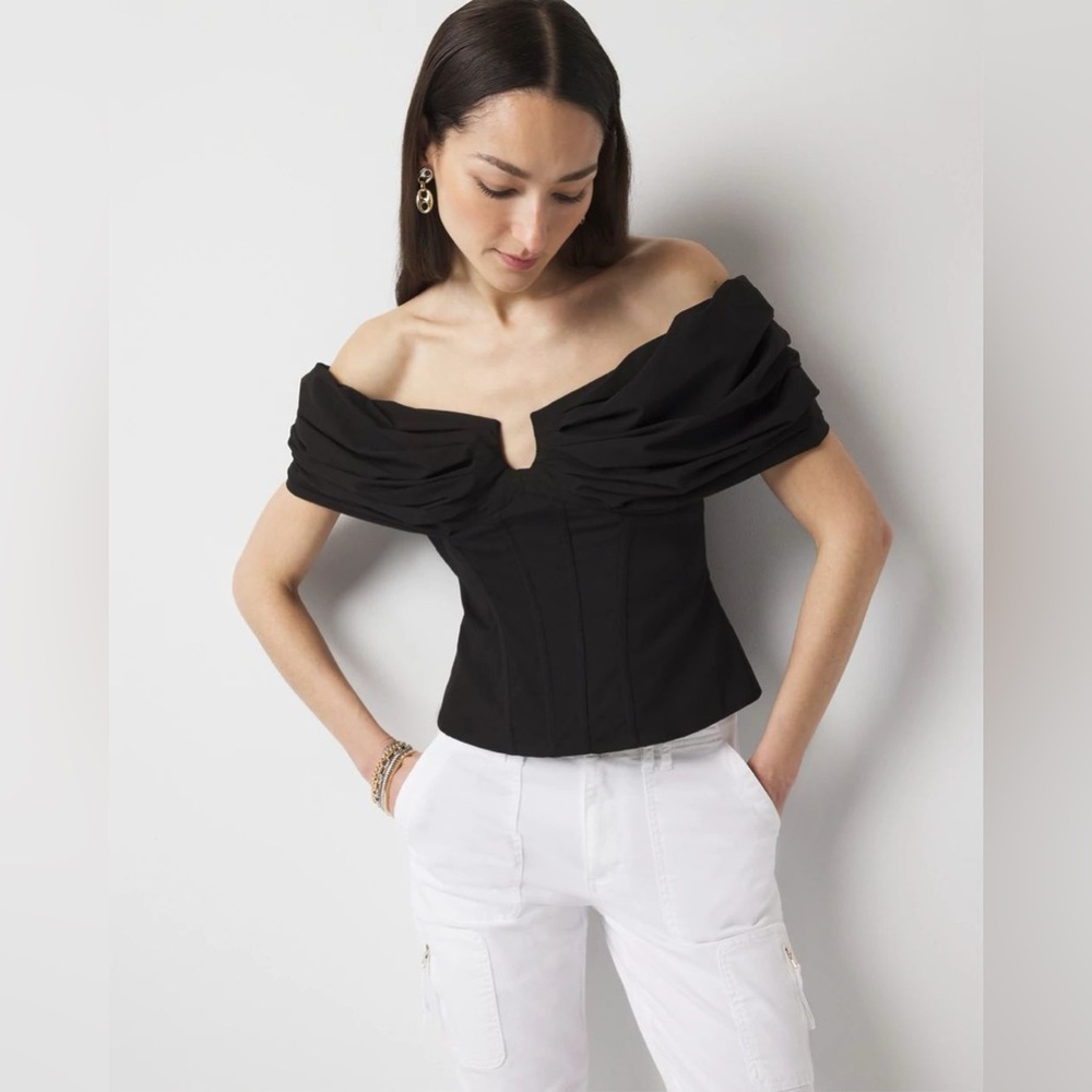 NWT WHBM Black Drama Sleeve Bustier Top corset puff sleeve Sz S cotton lyocell